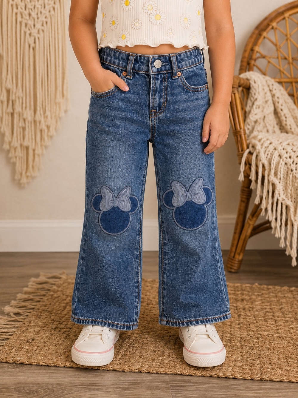 GAP Girls Blue Wide-Leg Denim Jeans with Minnie Knee Patches Size 4